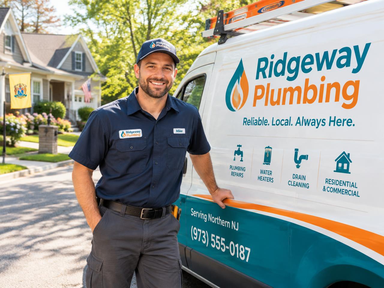 Plumber standing next to a branded service van